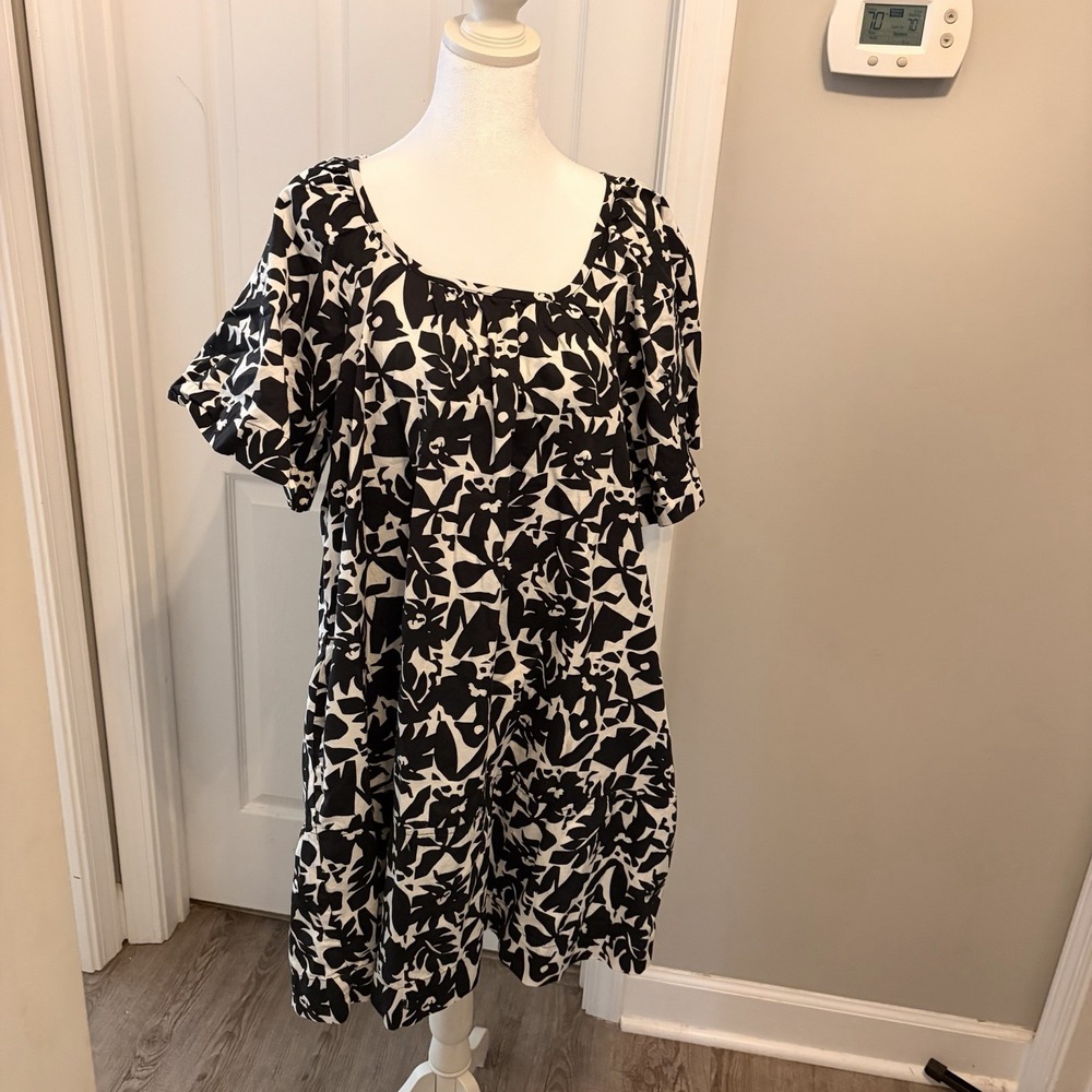 Free Assembly Square Neck Dress Black White Geometric‎ Cottagecore Travel Large